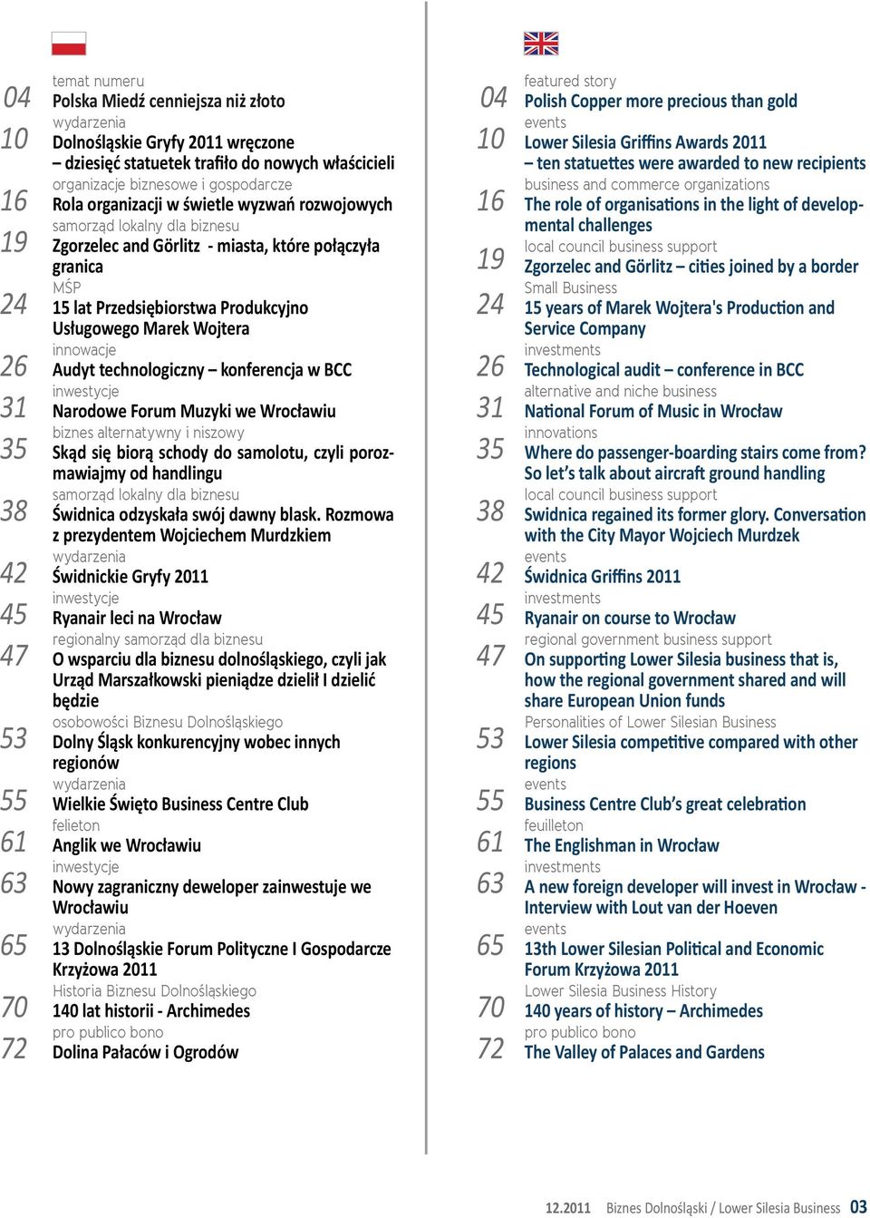 Usługowego Marek Wojtera 04 10 featured story 16 business and commerce organizations 19 24 local council business support Polish Copper more precious than gold events Lower Silesia Griﬃns Awards 2011