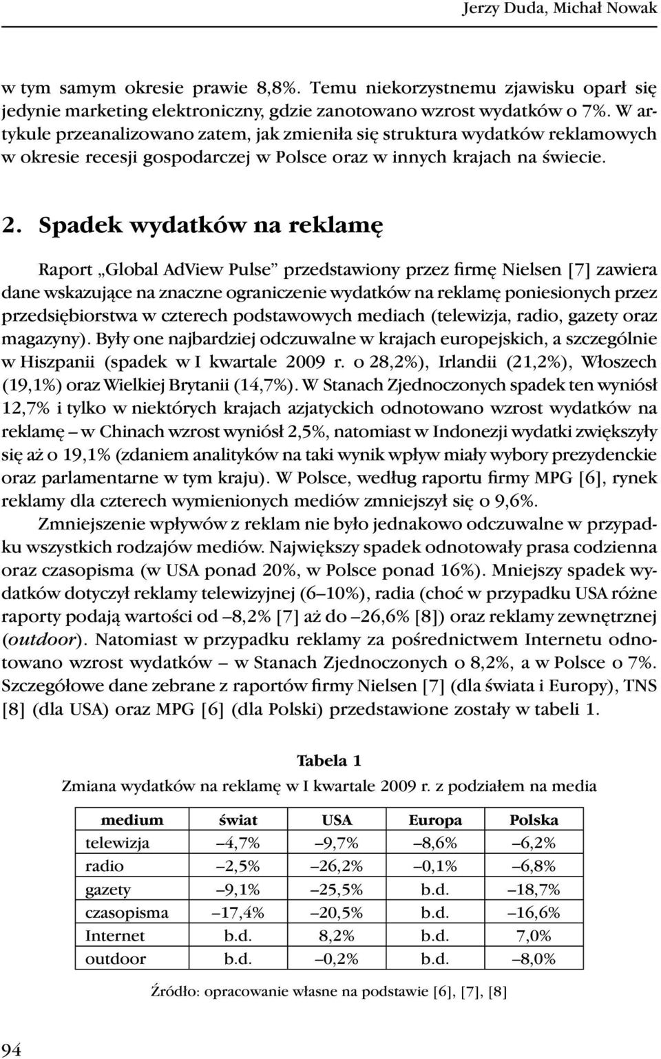 Spadek wydatków na reklamę Raport Global AdView Pulse przedstawiony przez firmę Nielsen [7] zawiera dane wskazujące na znaczne ograniczenie wydatków na reklamę poniesionych przez przedsiębiorstwa w