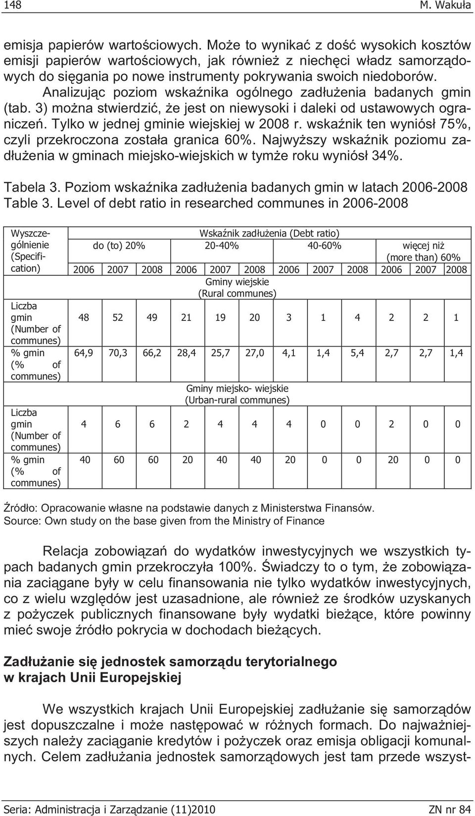 Analizujc poziom wskanika ogólnego zaduenia badanych gmin (tab. 3) mona stwierdzi, e jest on niewysoki i daleki od ustawowych ogranicze. Tylko w jednej gminie wiejskiej w 2008 r.