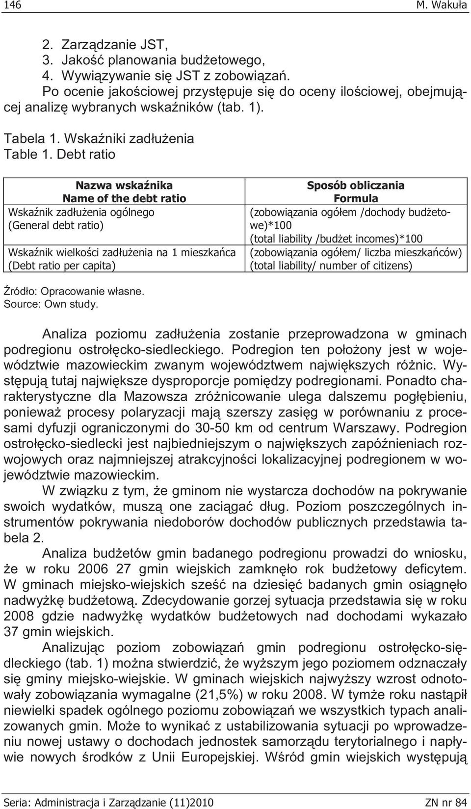 Debt ratio Nazwa wskanika Name of the debt ratio Wskanik zaduenia ogólnego (General debt ratio) Wskanik wielkoci zaduenia na 1 mieszkaca (Debt ratio per capita) Sposób obliczania Formula (zobowizania