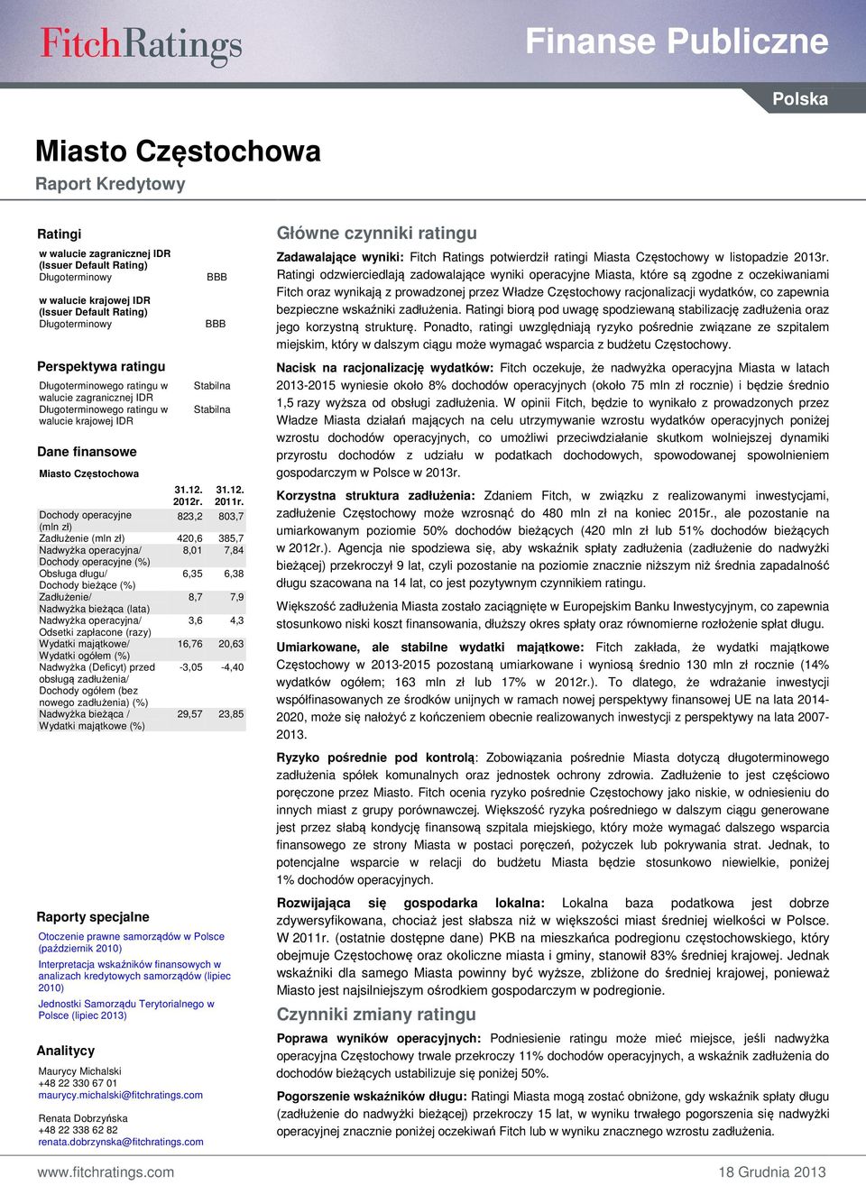 Dochody operacyjne 823,2 803,7 (mln zł) Zadłużenie (mln zł) 420,6 385,7 Nadwyżka operacyjna/ 8,01 7,84 Dochody operacyjne (%) Obsługa długu/ 6,35 6,38 Dochody bieżące (%) Zadłużenie/ 8,7 7,9 Nadwyżka