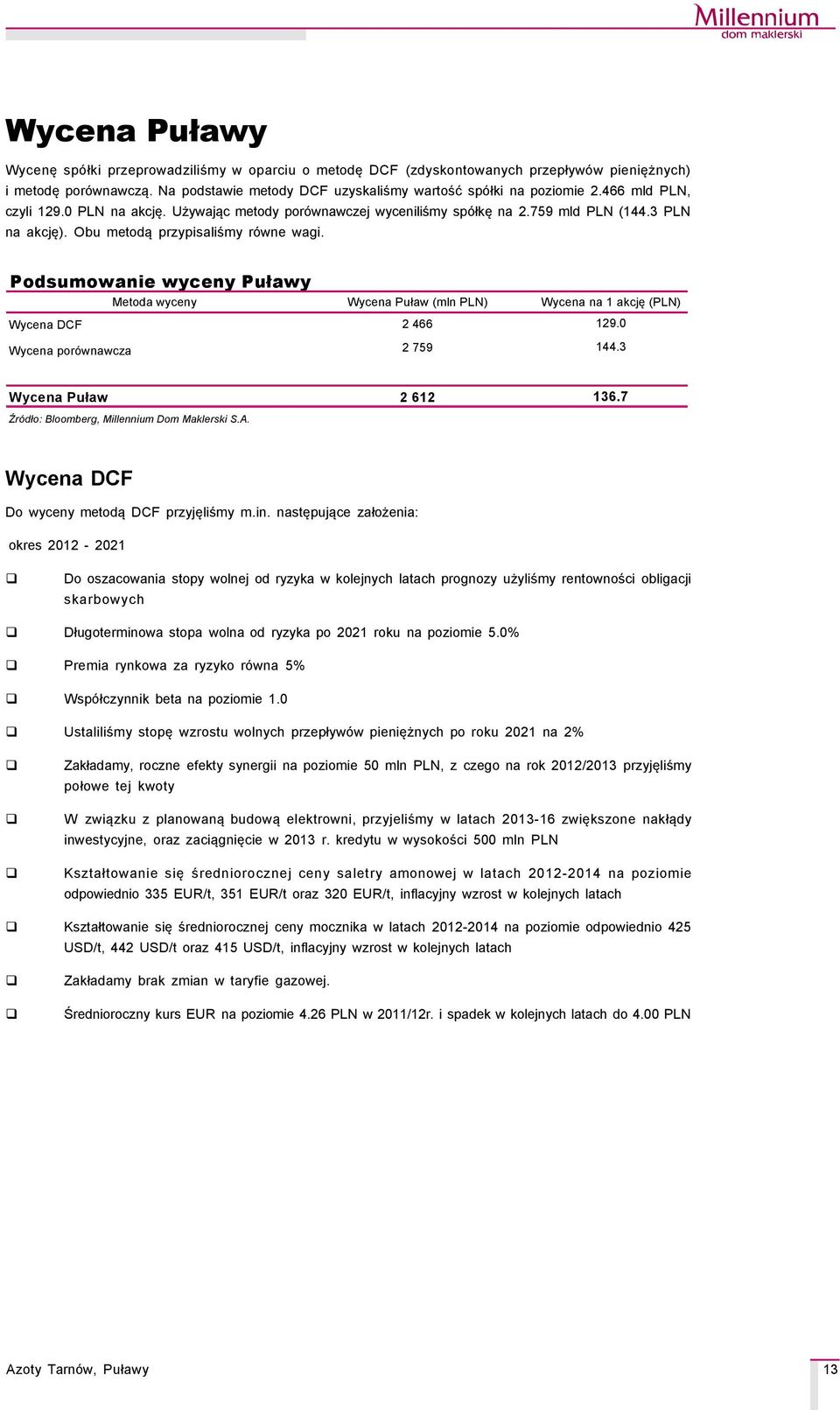 Podsumowanie wyceny Puławy Metoda wyceny Wycena Puław (mln PLN) Wycena na 1 akcję (PLN) Wycena DCF 2 466 129.0 Wycena porçwnawcza 2 759 144.3 Wycena Puław 2 612 136.