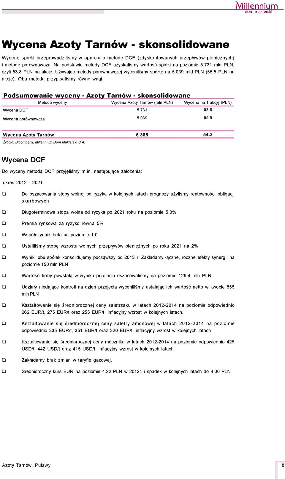 Obu metodą przypisaliśmy rçwne wagi. Podsumowanie wyceny - Azoty TarnÄw - skonsolidowane Metoda wyceny Wycena Azoty TarnÇw (mln PLN) Wycena na 1 akcję (PLN) Wycena DCF 5 731 53.