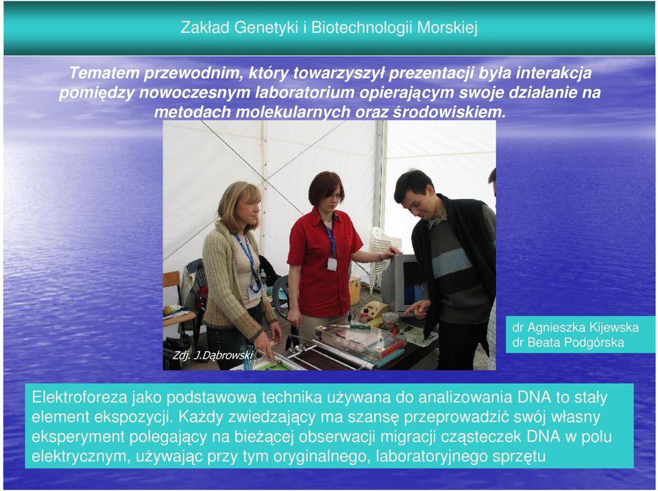 Dąbrowski dr Agnieszka Kijewska dr Beata Podgórska Elektroforeza jako podstawowa technika używana do analizowania DNA to stały element Pokaz rozdziału ekspozycji.