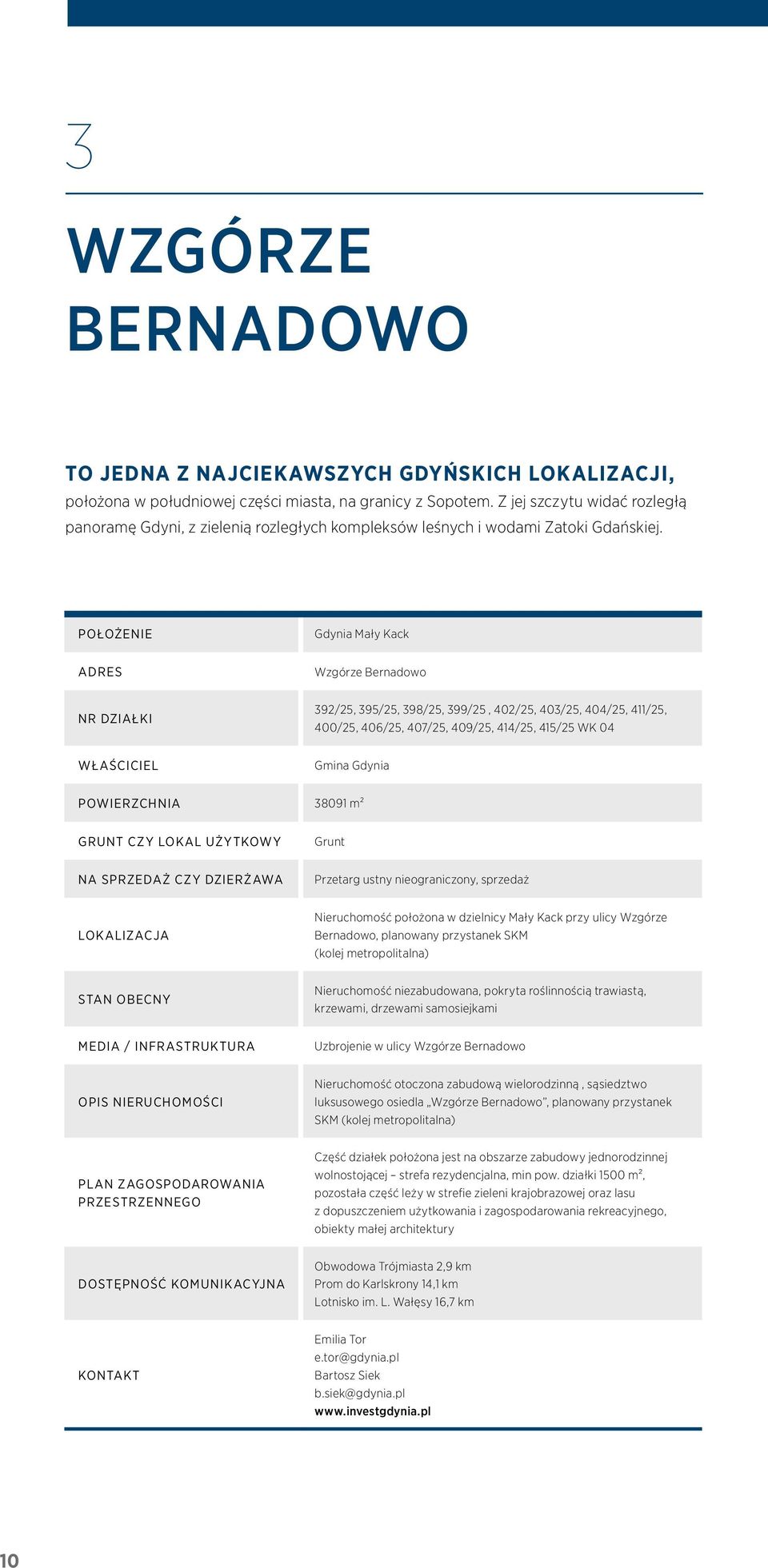 Położenie Gdynia Mały Kack Adres Wzgórze Bernadowo Nr działki 392/25, 395/25, 398/25, 399/25, 402/25, 403/25, 404/25, 411/25, 400/25, 406/25, 407/25, 409/25, 414/25, 415/25 WK 04 Właściciel Gmina