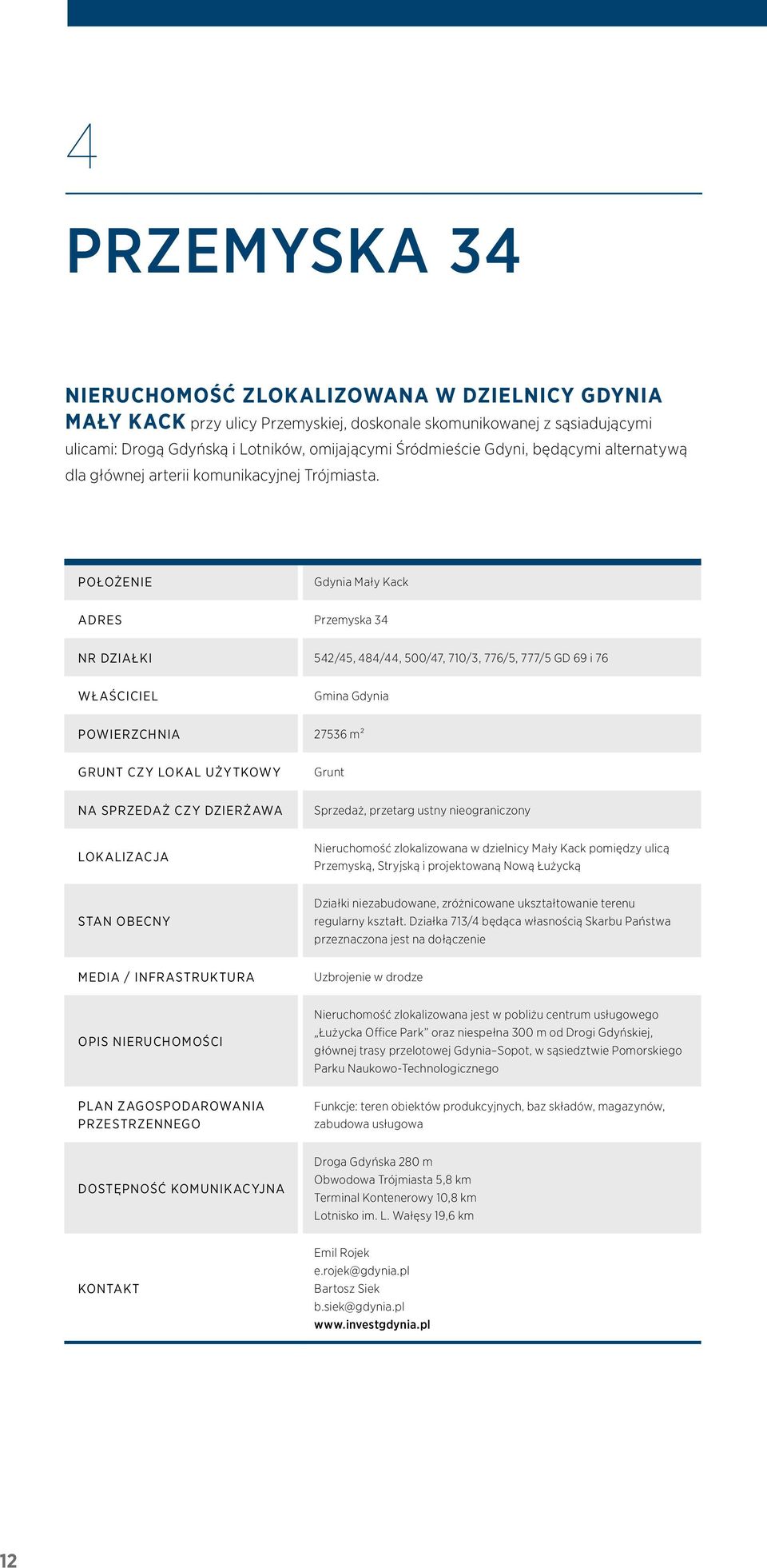 Położenie Gdynia Mały Kack Adres Przemyska 34 Nr działki 542/45, 484/44, 500/47, 710/3, 776/5, 777/5 GD 69 i 76 Właściciel Gmina Gdynia Powierzchnia 27536 m² Grunt czy lokal użytkowy Grunt Na