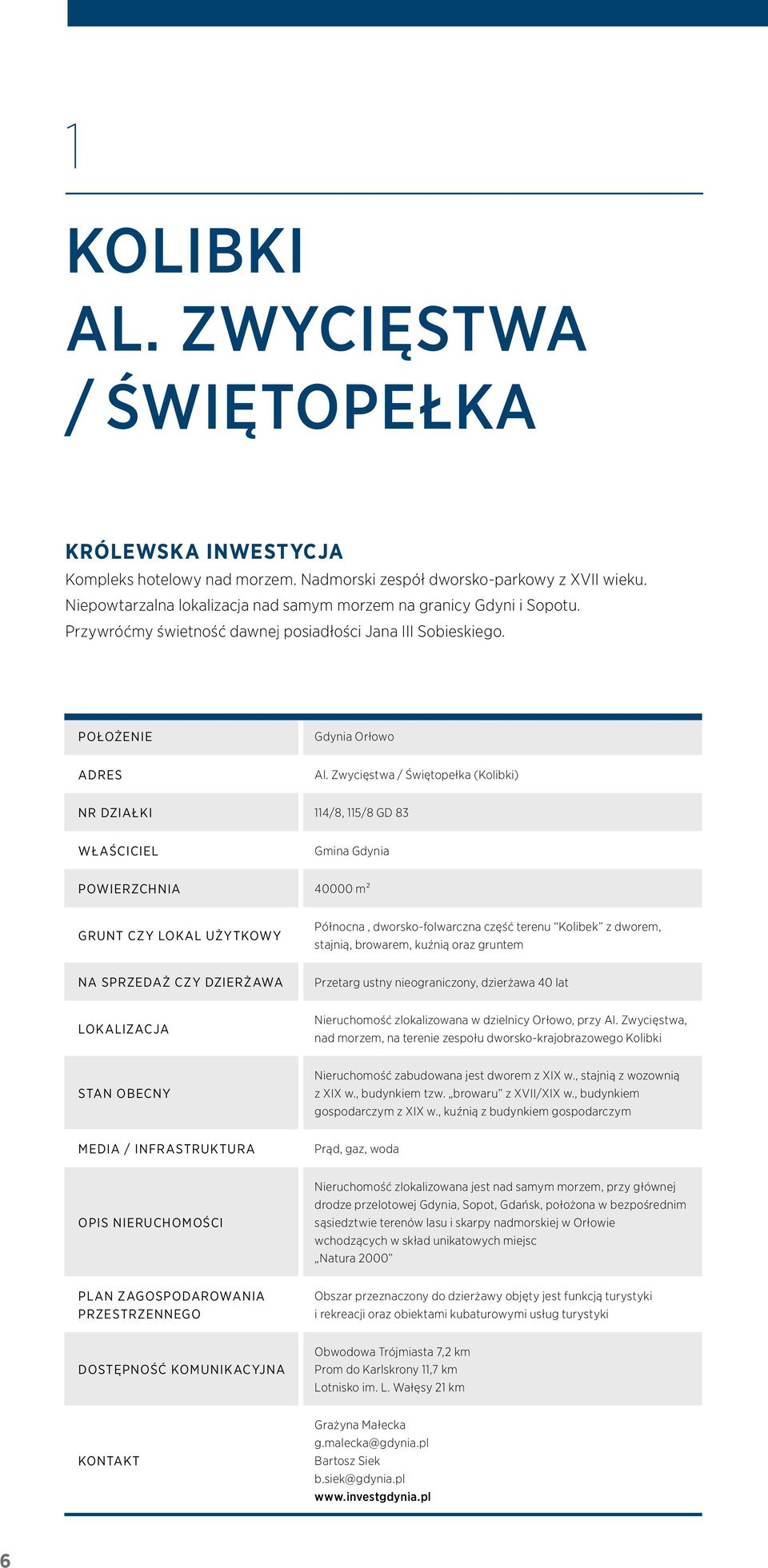 Zwycięstwa / Świętopełka (Kolibki) Nr działki 114/8, 115/8 GD 83 Właściciel Gmina Gdynia Powierzchnia 40000 m² Grunt czy lokal użytkowy Północna, dworsko-folwarczna część terenu Kolibek z dworem,