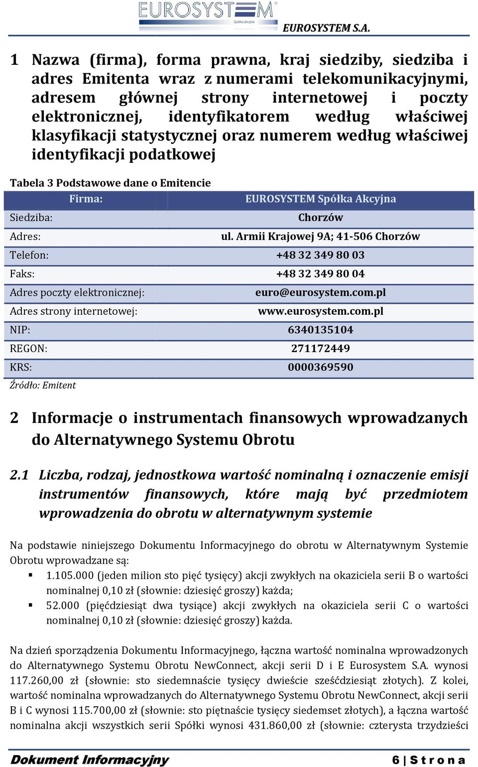 Adres strony internetowej: NIP: REGON: KRS: Źródło: Emitent EUROSYSTEM Spółka Akcyjna Chorzów ul. Armii Krajowej 9A; 41-506 Chorzów +48 323498003 +48 323498004 euro@eurosystem.com.