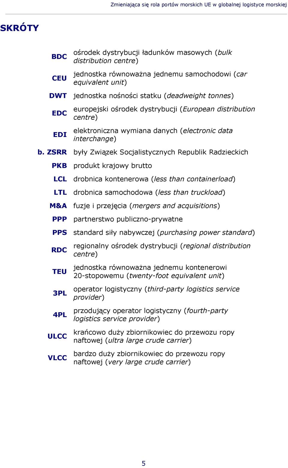 ZSRR były Związek Socjalistycznych Republik Radzieckich PKB produkt krajowy brutto LCL drobnica kontenerowa (less than containerload) LTL drobnica samochodowa (less than truckload) M&A fuzje i