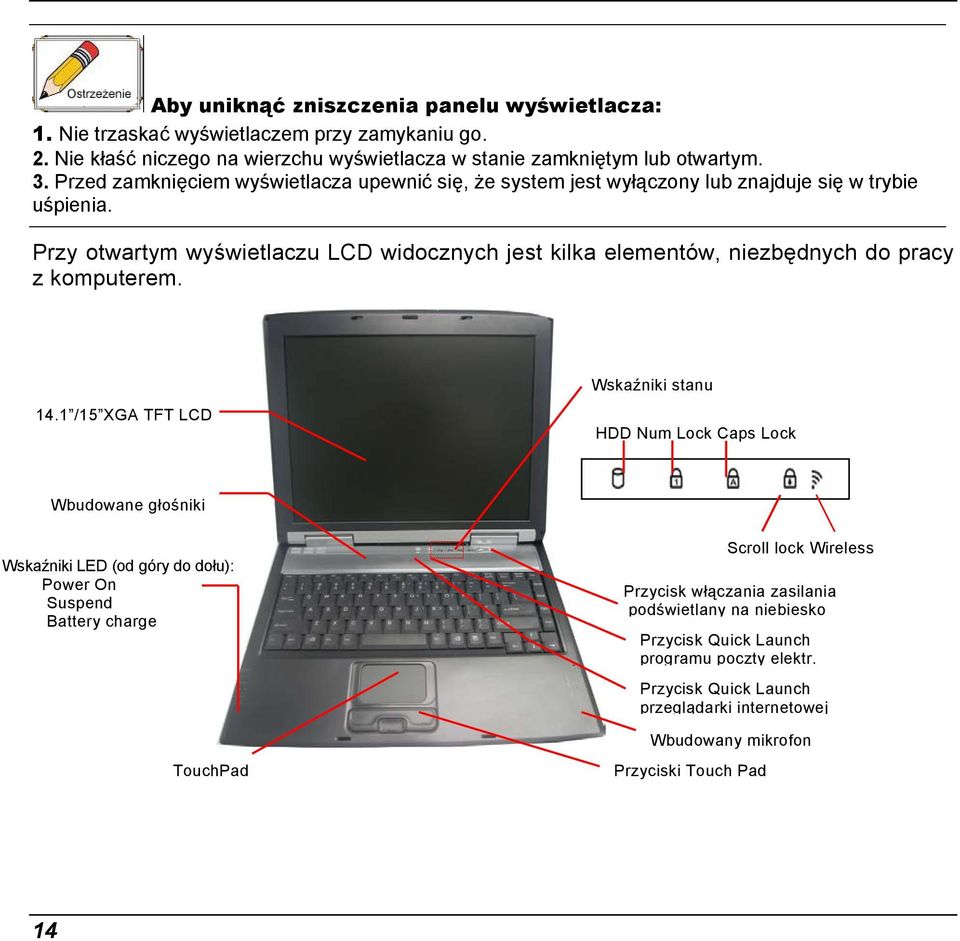 Przy otwartym wyświetlaczu LCD widocznych jest kilka elementów, niezbędnych do pracy z komputerem. 14.