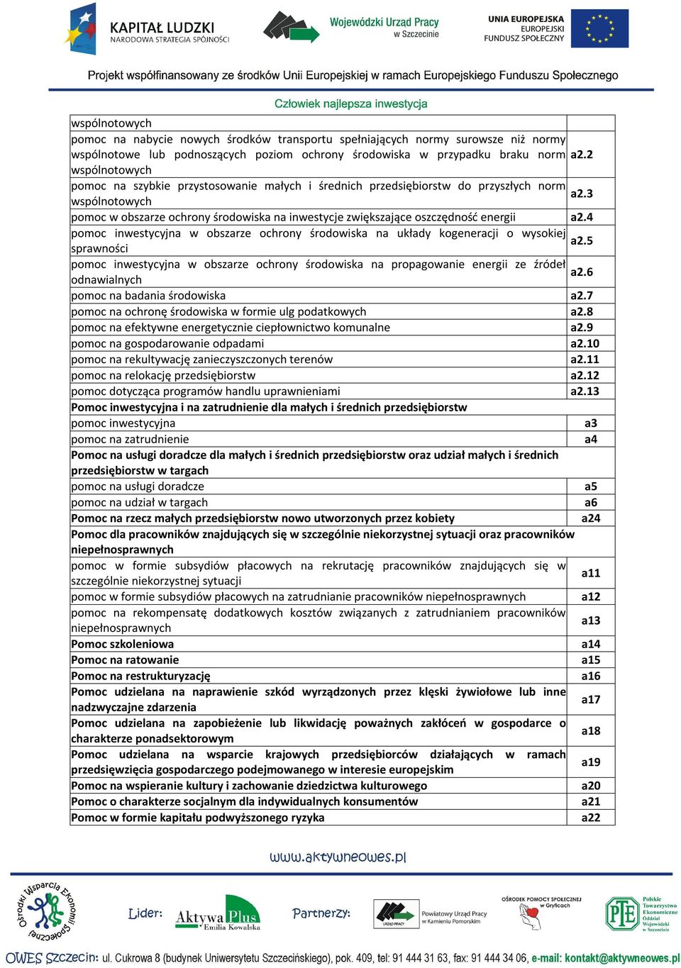 3 wspólnotowych pomoc w obszarze ochrony środowiska na inwestycje zwiększające oszczędność energii a2.4 pomoc inwestycyjna w obszarze ochrony środowiska na układy kogeneracji o wysokiej a2.