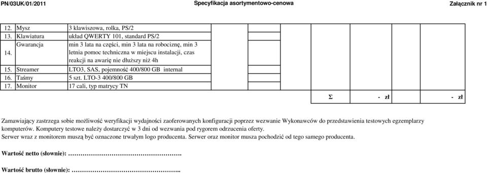 Monitor 17 cali, typ matrycy TN Zamawiający zastrzega sobie moŝliwość weryfikacji wydajności zaoferowanych konfiguracji poprzez wezwanie Wykonawców do przedstawienia testowych egzemplarzy