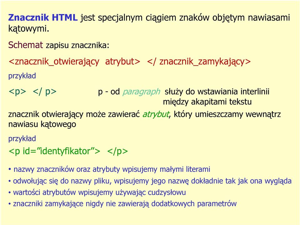 akapitami tekstu znacznik otwierający może zawierać atrybut, który umieszczamy wewnątrz nawiasu kątowego przykład <p id= identyfikator > </p> nazwy