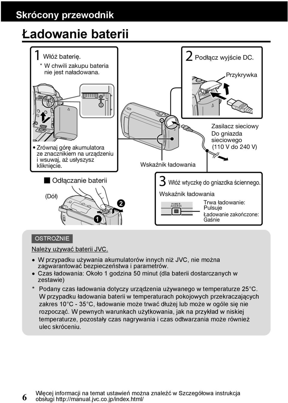 Pulsuje Ładowanie zakończone: Gaśnie OSTROŻNIE Należy używać baterii JVC W przypadku używania akumulatorów innych niż JVC, nie można zagwarantować bezpieczeństwa i parametrów Czas ładowania: Około 1