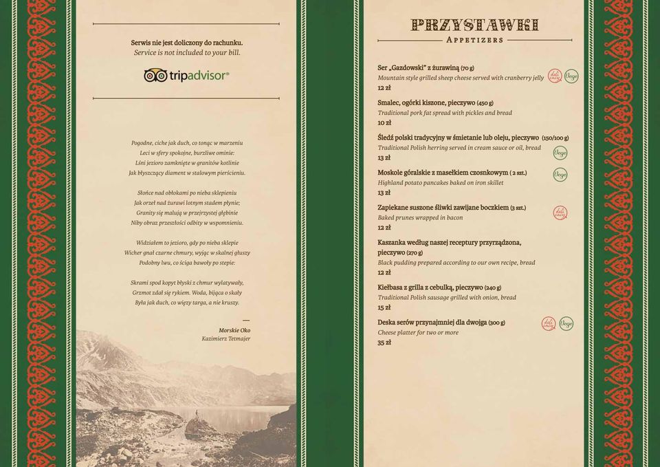 with pickles and bread Pogodne, ciche jak duch, co tonąc w marzeniu Leci w sfery spokojne, burzliwe ominie: Lśni jezioro zamknięte w granitów kotlinie Jak błyszczący diament w stalowym pierścieniu.