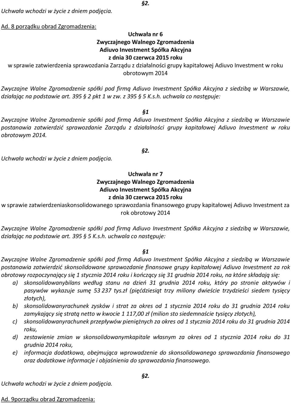 uchwala co następuje: Zwyczajne Walne Zgromadzenie spółki pod firmą z siedzibą w Warszawie postanawia zatwierdzid sprawozdanie Zarządu z działalności grupy kapitałowej Adiuvo Investment w roku