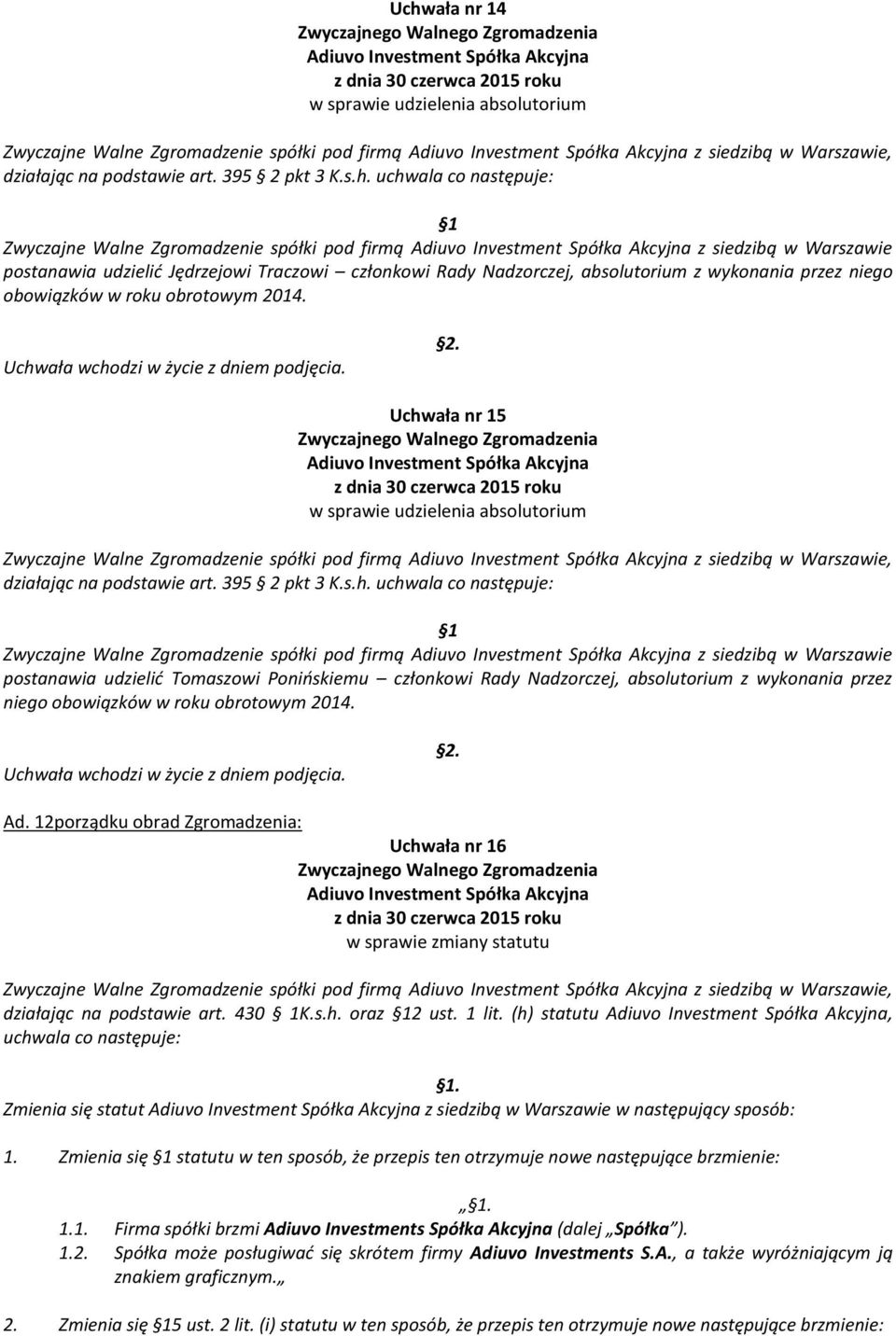 siedzibą w Warszawie postanawia udzielid Tomaszowi Ponioskiemu członkowi Rady Nadzorczej, absolutorium z wykonania przez niego Ad.