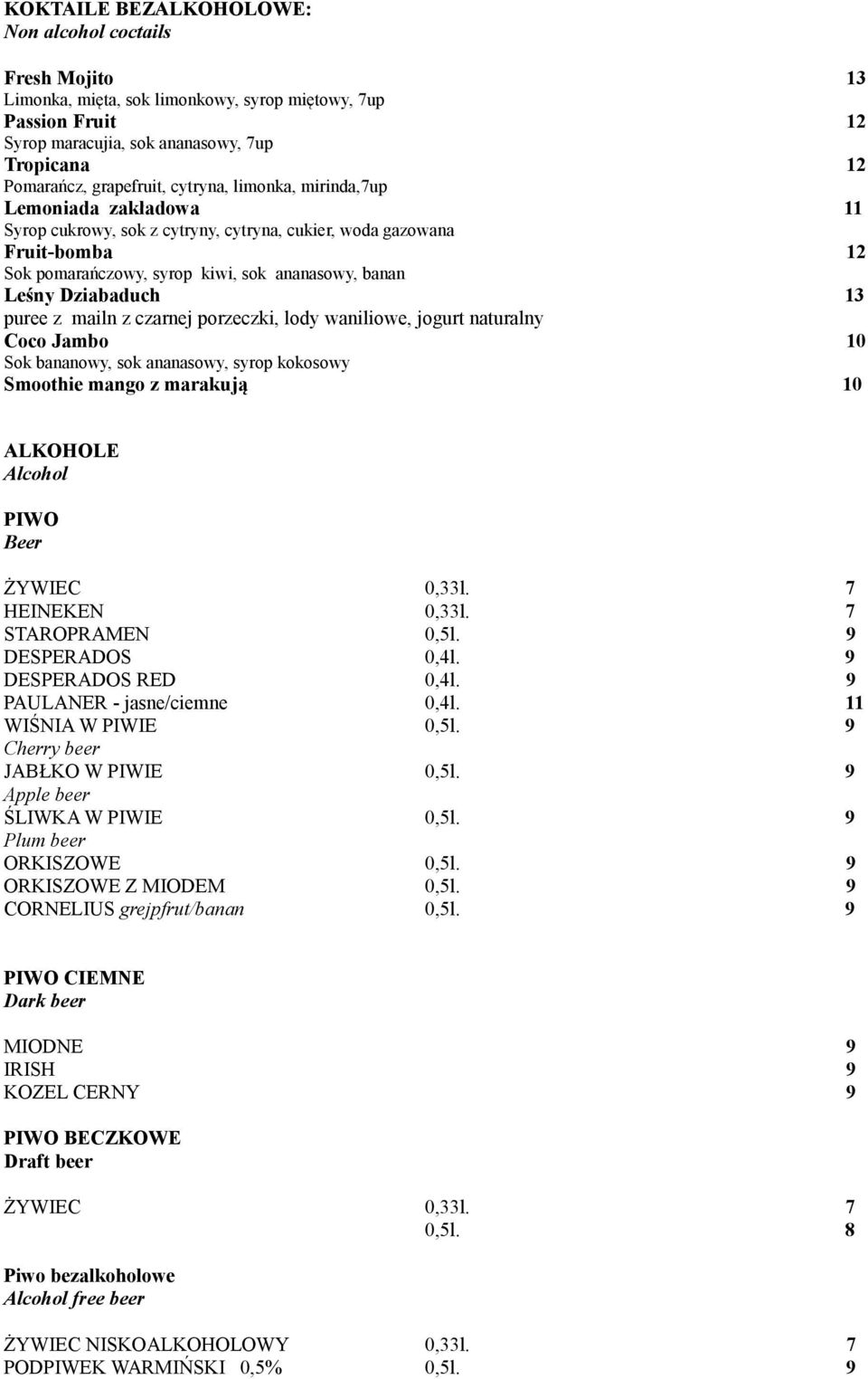 puree z mailn z czarnej porzeczki, lody waniliowe, jogurt naturalny Coco Jambo 10 Sok bananowy, sok ananasowy, syrop kokosowy Smoothie mango z marakują 10 ALKOHOLE Alcohol PIWO Beer ŻYWIEC 0,33l.