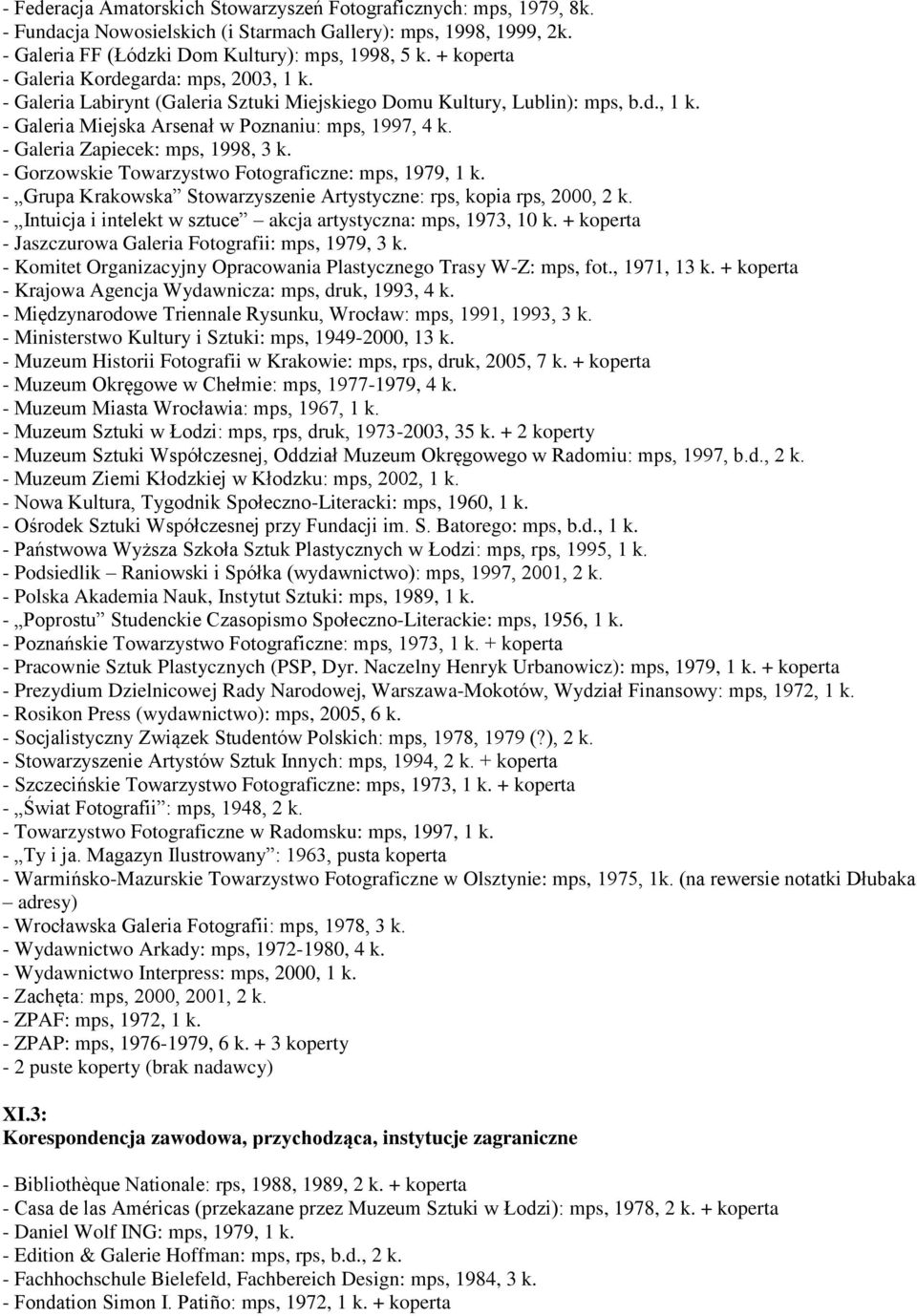 - Galeria Zapiecek: mps, 1998, 3 k. - Gorzowskie Towarzystwo Fotograficzne: mps, 1979, 1 k. - Grupa Krakowska Stowarzyszenie Artystyczne: rps, kopia rps, 2000, 2 k.