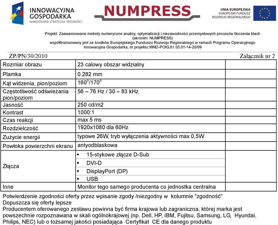 Zużycie energii typowe 26W, tryb wyłączenia aktywności max 0,5W Powłoka powierzchni ekranu antyodblaskowa Złącza Inne 15-stykowe złącze D-Sub DVI-D DisplayPort (DP) USB Monitor tego samego producenta