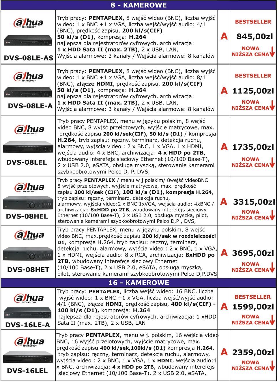 2T), 2 x US, LN, Wyjścia alarmowe: 3 kanały / Wejścia alarmowe: 8 kanałów ESTSELLER 845,00zl NOW NIŻSZ EN Tryb pracy: PENTPLEX, 8 wejść wideo (N), liczba wyjść wideo: 1 x N +1 x VG, liczba