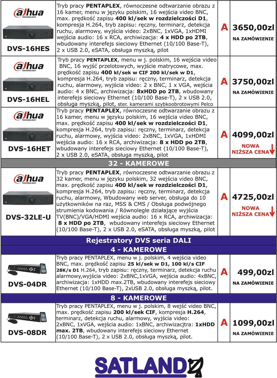 264, tryb zapisu: ręczny, terminarz, detekcja ruc, alarmowy, wyjścia video: 2xN, 1xVG, 1xHDMI wejścia audio: 16 x R, archiwizacja: 4 x HDD po 2T, wbudowany interefejs sieciowy Ethernet (10/100