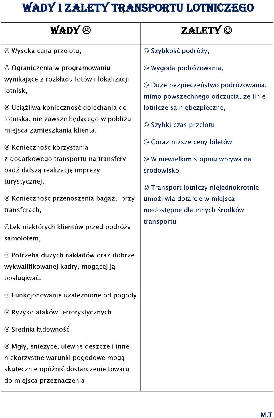 transferach, Lęk niektórych klientów przed podróżą samolotem, Zalety Szybkość podróży, Wygoda podróżowania, Duże bezpieczeństwo podróżowania, mimo powszechnego odczucia, że linie lotnicze są