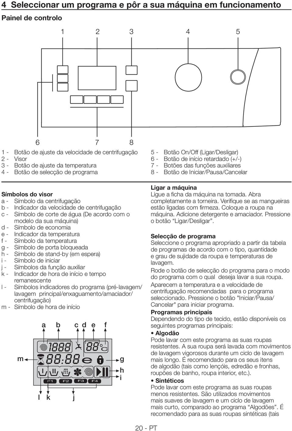 Símbolo de economia e - Indicador da temperatura f - Símbolo da temperatura g - Símbolo de porta bloqueada h - Símbolo de stand-by (em espera) i - Símbolo de iniciar j - Símbolos da função auxiliar k