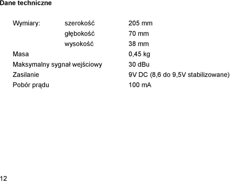 Maksymalny sygnał wejściowy 30 dbu Zasilanie