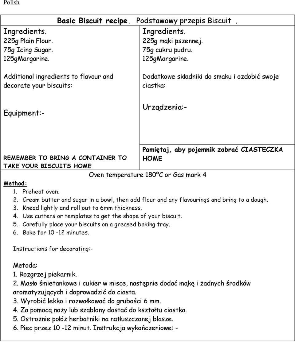 Additional ingredients to flavour and decorate your biscuits: Dodatkowe składniki do smaku i ozdobić swoje ciastka: Equipment:- Urządzenia:- REMEMBER TO BRING A CONTAINER TO TAKE YOUR BISCUITS HOME