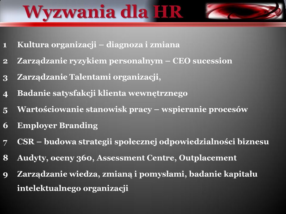 wspieranie prcesów 6 Emplyer Branding 7 CSR budwa strategii spłecznej dpwiedzialnści biznesu 8 Audyty, ceny