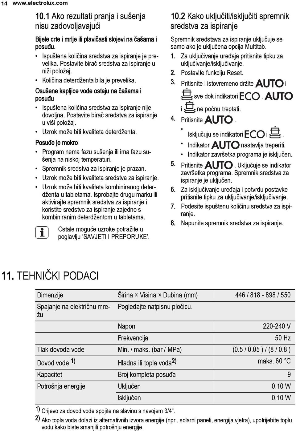 Postavite birač sredstva za ispiranje u viši položaj. Uzrok može biti kvaliteta deterdženta. Posuđe je mokro Program nema fazu sušenja ili ima fazu sušenja na niskoj temperaturi.