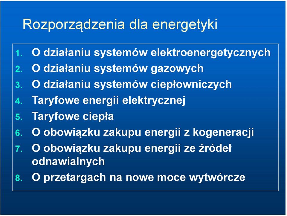 Taryfowe energii elektrycznej 5. Taryfowe ciepła 6.