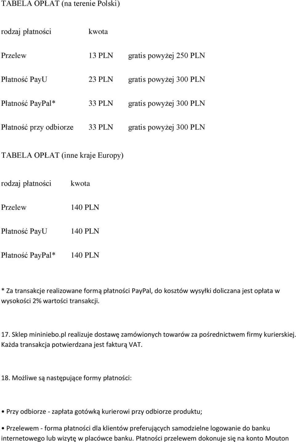 płatności PayPal, do kosztów wysyłki doliczana jest opłata w wysokości 2% wartości transakcji. 17. Sklep mininiebo.pl realizuje dostawę zamówionych towarów za pośrednictwem firmy kurierskiej.