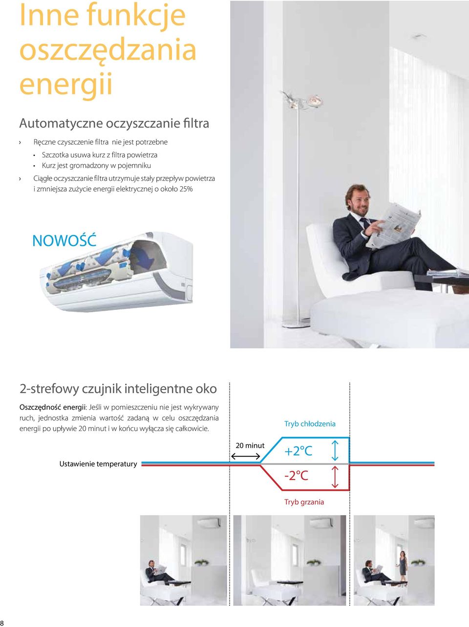 około 25% NOWOŚĆ 2-strefowy czujnik inteligentne oko Oszczędność energii: Jeśli w pomieszczeniu nie jest wykrywany ruch, jednostka zmienia wartość