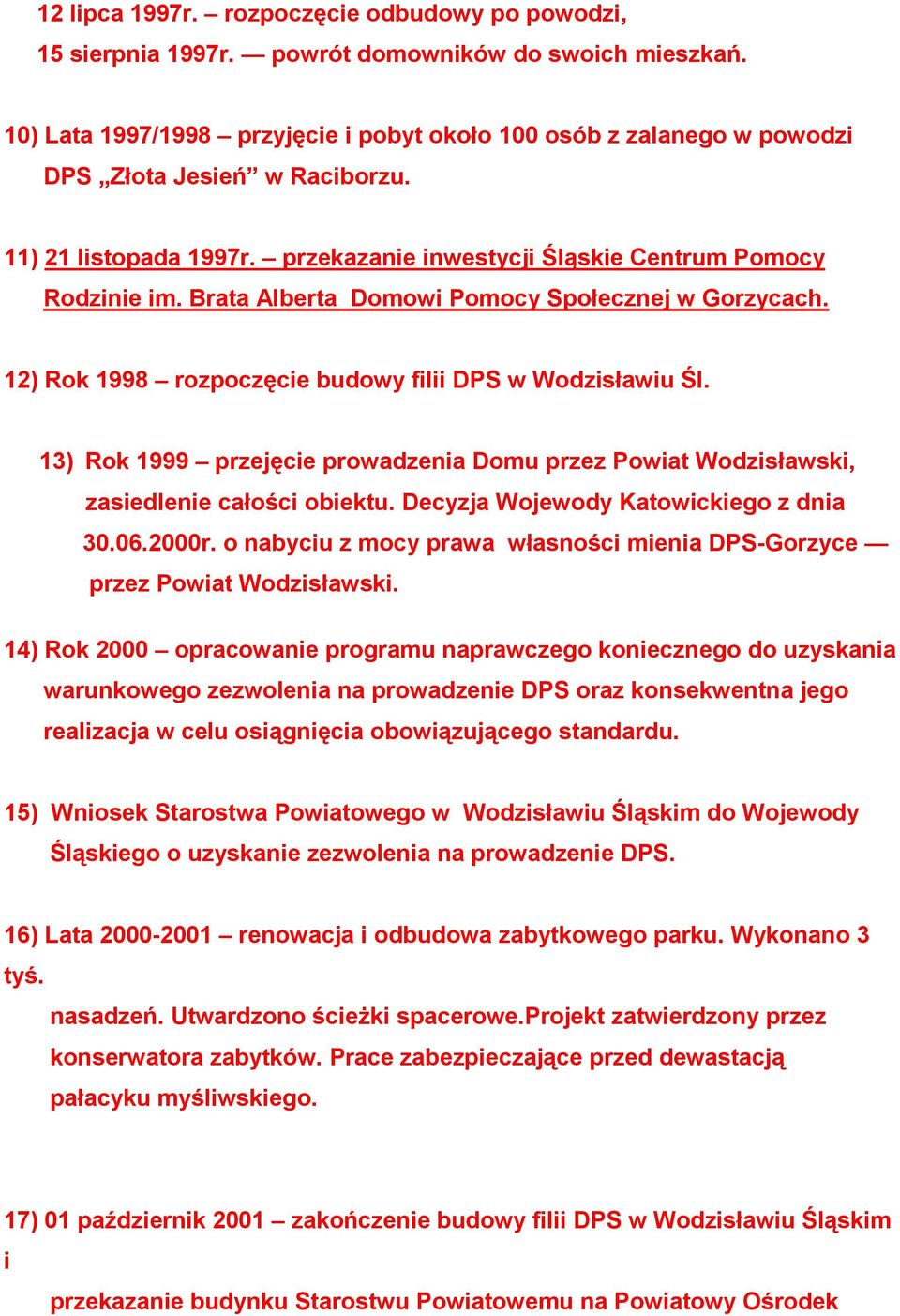 Brata Alberta Domowi Pomocy Społecznej w Gorzycach. 12) Rok 1998 rozpoczęcie budowy filii DPS w Wodzisławiu Śl.