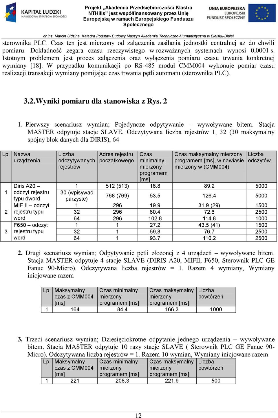 W przypadku komunikacji po RS-485 moduł CMM004 wykonuje pomiar czasu realizacji transakcji wymiany pomijając czas trwania pętli automatu (sterownika PLC). 3.2. Wyniki pomiaru dla stanowiska z Rys.