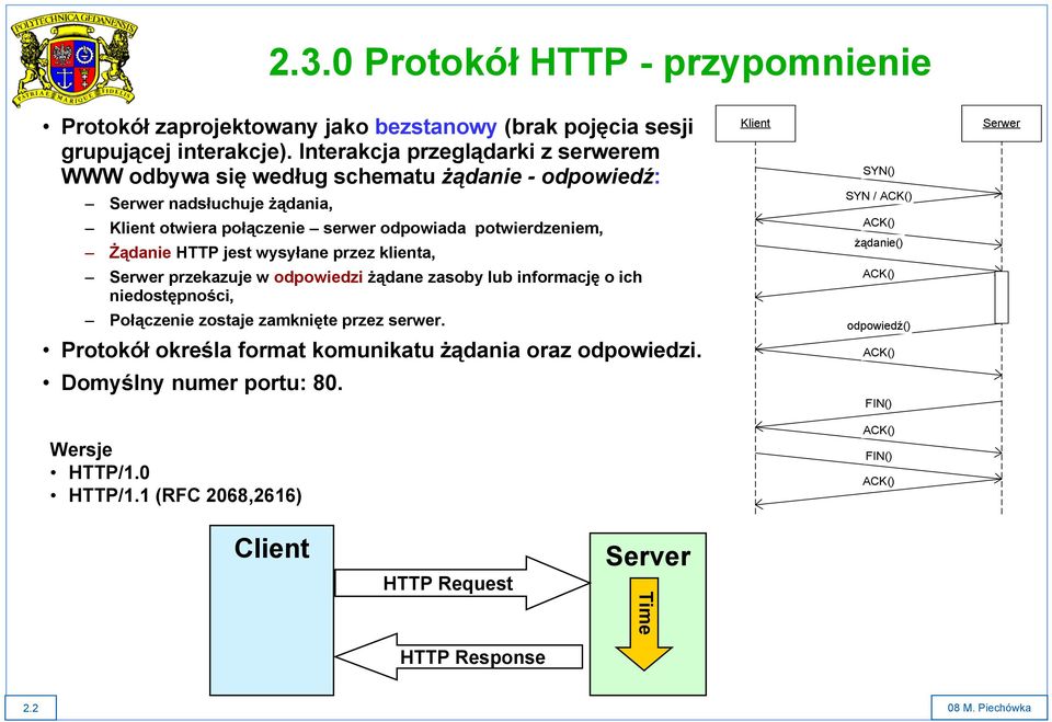 jest wysyłane przez klienta, Klient SYN() SYN / ACK() ACK() żądanie() Serwer Serwer przekazuje w odpowiedzi żądane zasoby lub informację o ich niedostępności, ACK() Połączenie zostaje