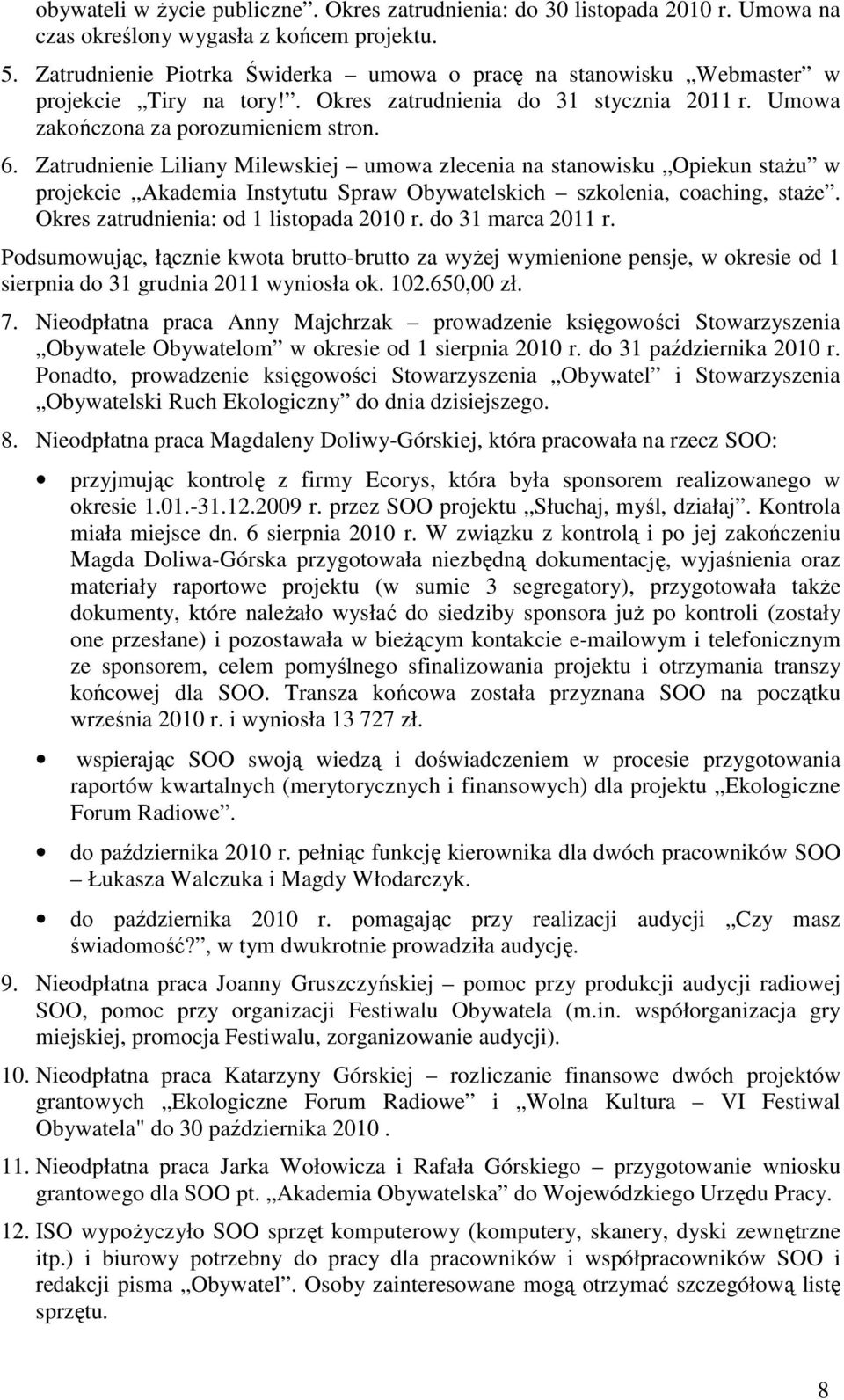 Zatrudnienie Liliany Milewskiej umowa zlecenia na stanowisku Opiekun stażu w projekcie Akademia Instytutu Spraw Obywatelskich szkolenia, coaching, staże. Okres zatrudnienia: od 1 listopada 2010 r.