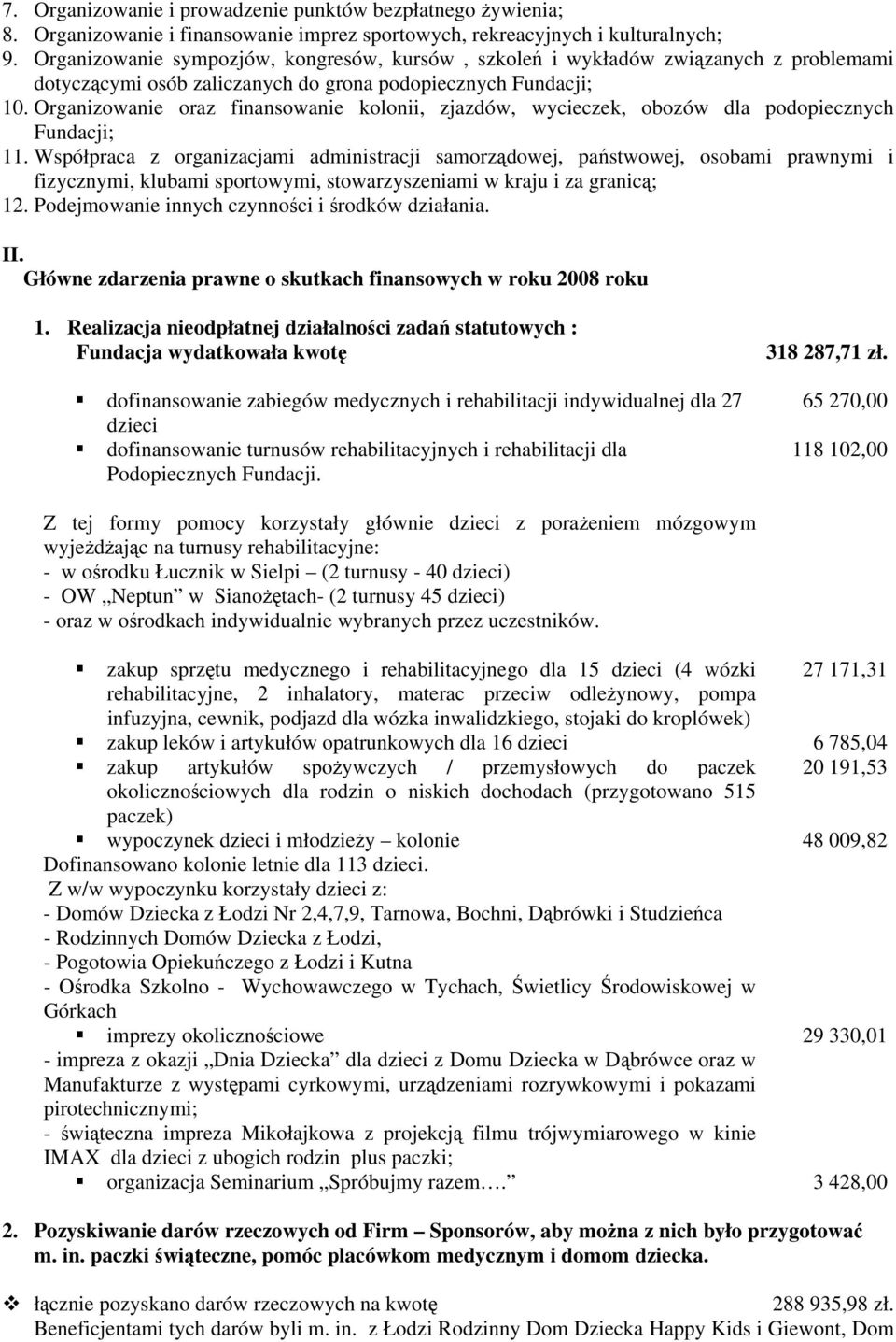 Organizowanie oraz finansowanie kolonii, zjazdów, wycieczek, obozów dla podopiecznych Fundacji; 11.