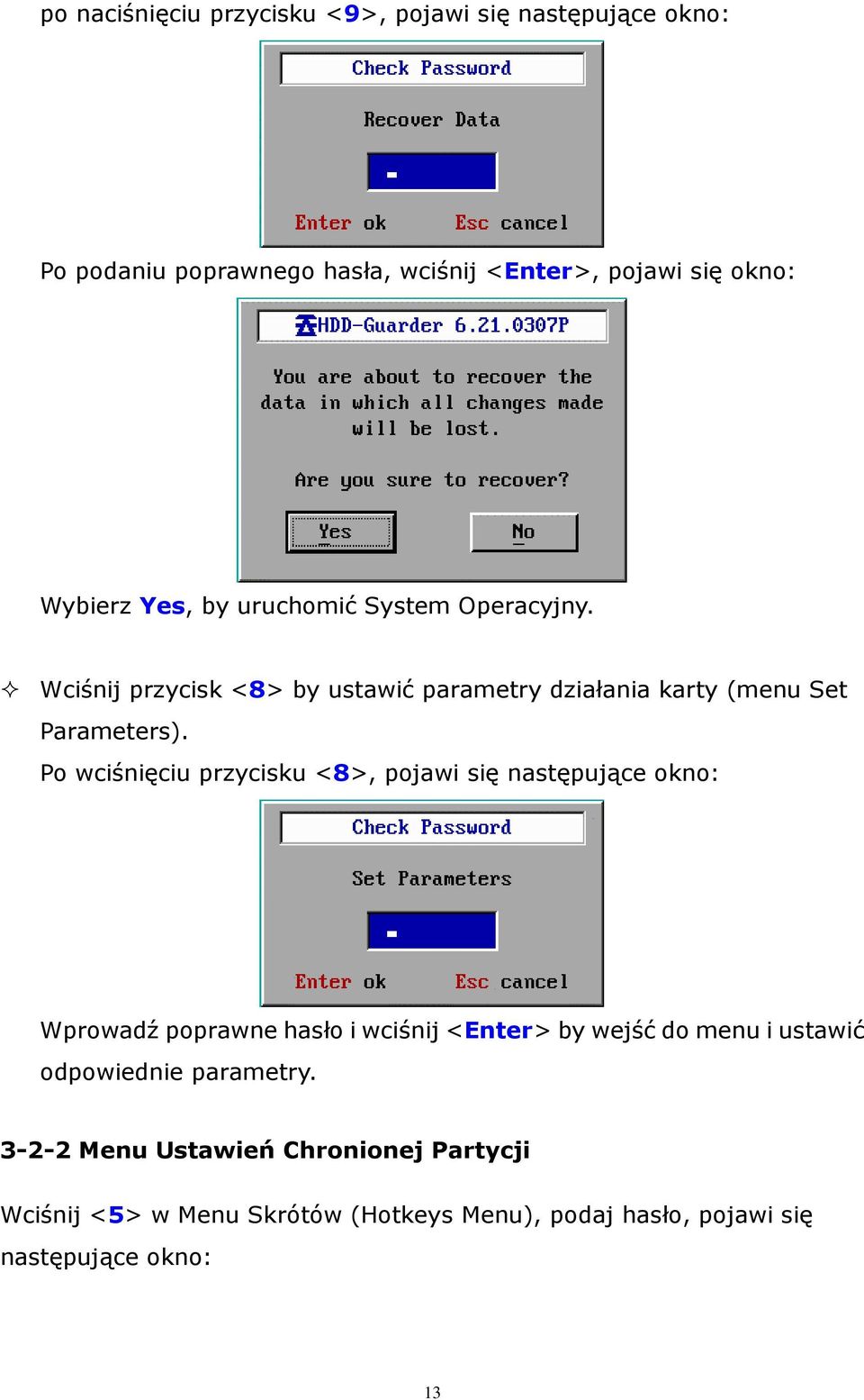 Po wciśnięciu przycisku <8>, pojawi się następujące okno: Wprowadź poprawne hasło i wciśnij <Enter> by wejść do menu i ustawić