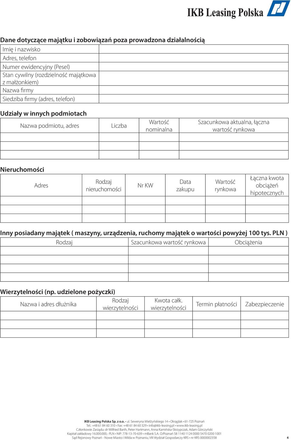 Adres nieruchomości Nr KW Data zakupu Wartość rynkowa Łączna kwota obciążeń hipotecznych Inny posiadany majątek ( maszyny, urządzenia, ruchomy majątek o wartości powyżej 100 tys.