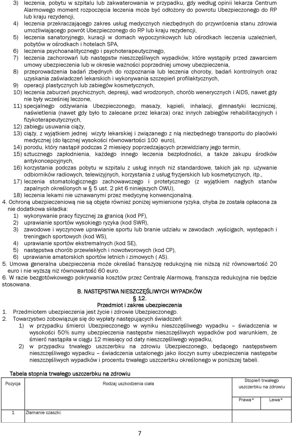 kuracji w domach wypoczynkowych lub ośrodkach leczenia uzależnień, pobytów w ośrodkach i hotelach SPA, 6) leczenia psychoanalitycznego i psychoterapeutycznego, 7) leczenia zachorowań lub następstw