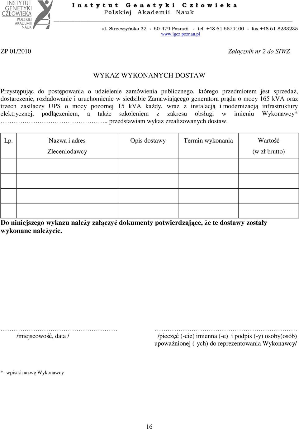 podłączeniem, a takŝe szkoleniem z zakresu obsługi w imieniu Wykonawcy*.. przedstawiam wykaz zrealizowanych dostaw. Lp.