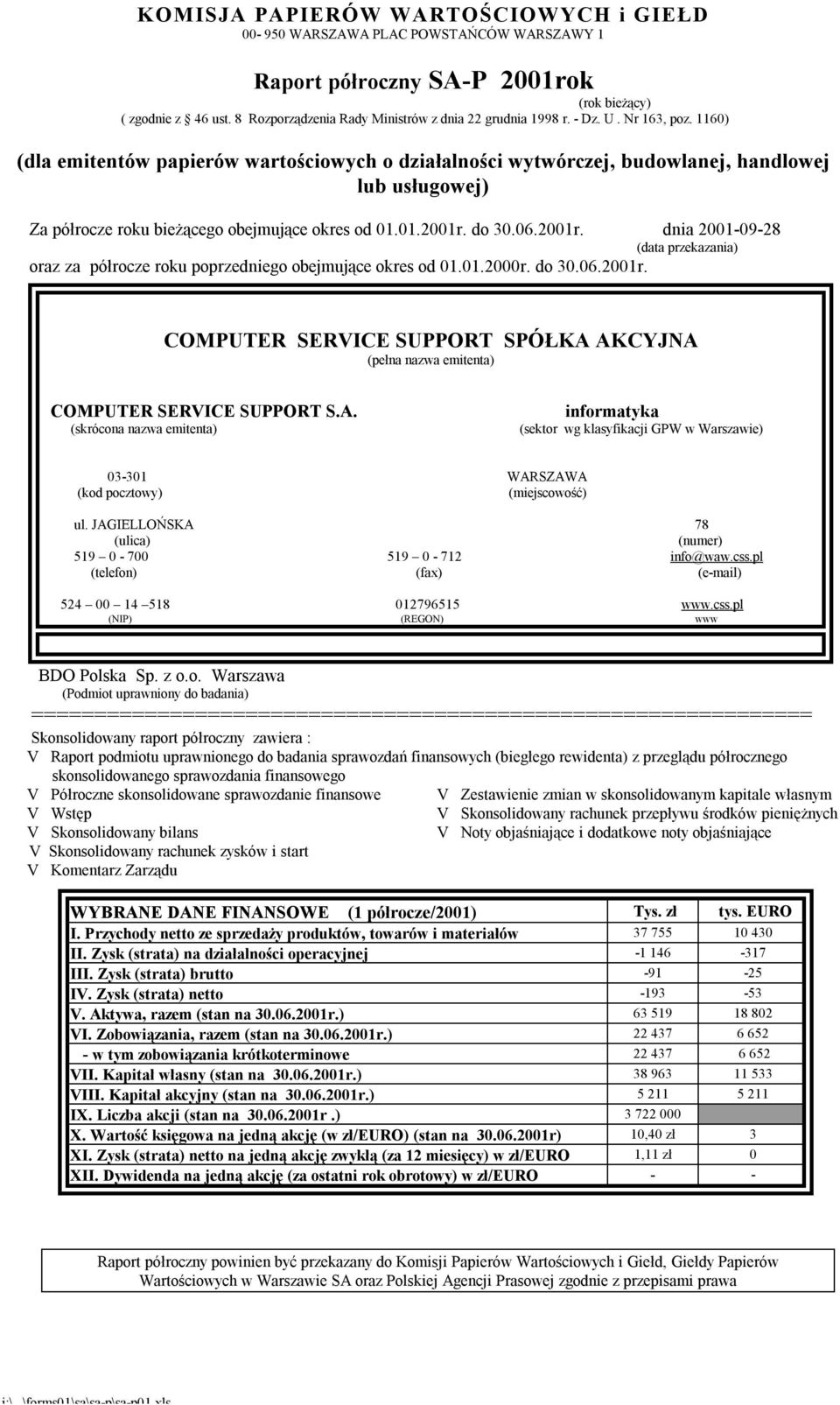 01.r. do 30.06.r. COMPUTER SERVICE SUPPORT SPÓŁKA AKCYJNA (pełna nazwa emitenta) COMPUTER SERVICE SUPPORT S.A. (skrócona nazwa emitenta) informatyka (sektor wg klasyfikacji GPW w Warszawie) 03-301 WARSZAWA (kod pocztowy) (miejscowość) ul.