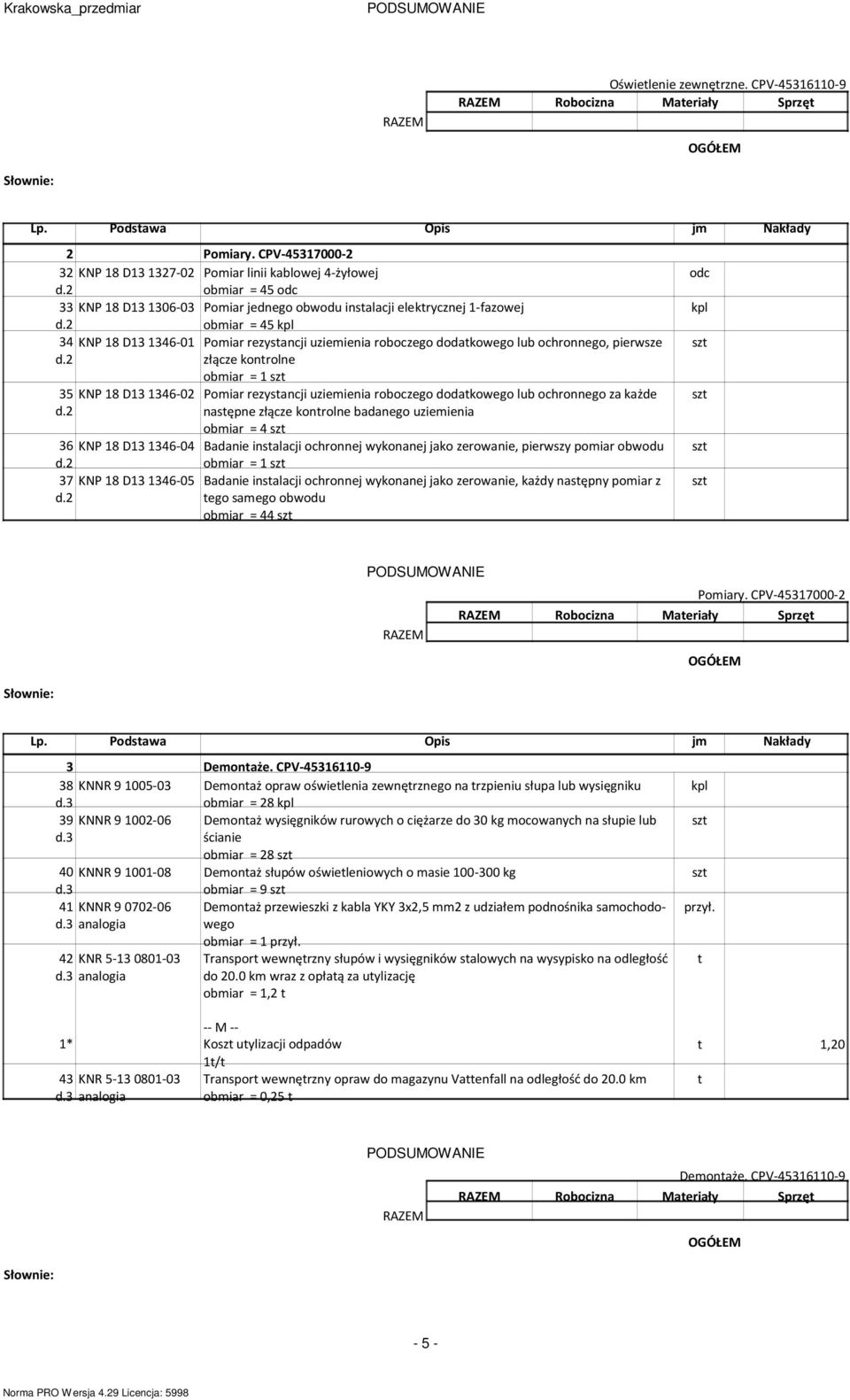 2 obmiar = 45 kpl 34 KNP 18 D13 1346-01 Pomiar rezystancji uziemienia roboczego dodatkowego lub ochronnego, pierwsze szt d.