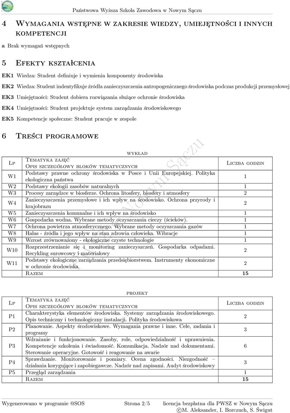 Umiejętności: Student projektuje system zarządzania środowiskowego EK5 Kompetencje spo leczne: Student pracuje w zespole 6 Treści programowe wyk lad Lp Tematyka zaje ć Opis szczegó lowy bloków