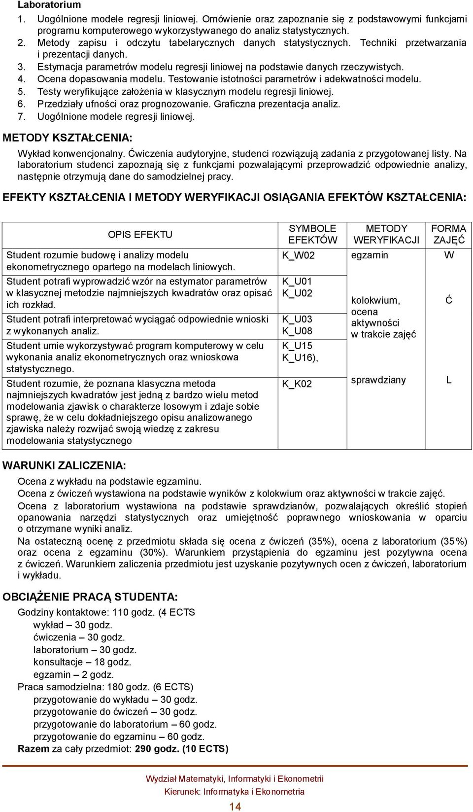 Ocena dopasowania modelu. Testowanie istotności parametrów i adekwatności modelu. 5. Testy weryfikujące założenia w klasycznym modelu regresji liniowej. 6. Przedziały ufności oraz prognozowanie.