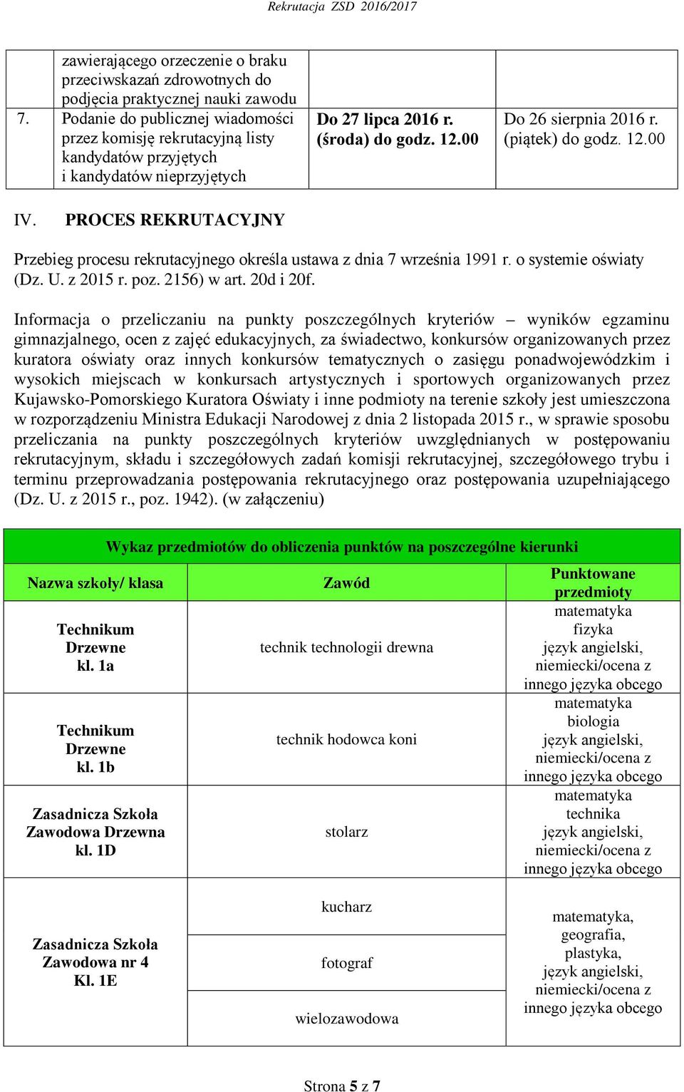 12.00 IV. PROCES REKRUTACYJNY Przebieg procesu rekrutacyjnego określa ustawa z dnia 7 września 1991 r. o systemie oświaty (Dz. U. z 2015 r. poz. 2156) w art. 20d i 20f.