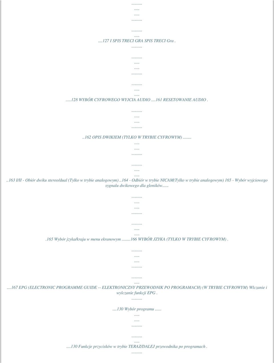 .164 - Odbiór w trybie NICAM(Tylko w trybie analogowym) 165 - Wybór wyjciowego sygnalu dwikowego dla gloników..165 Wybór jzyka/kraju w menu ekranowym.